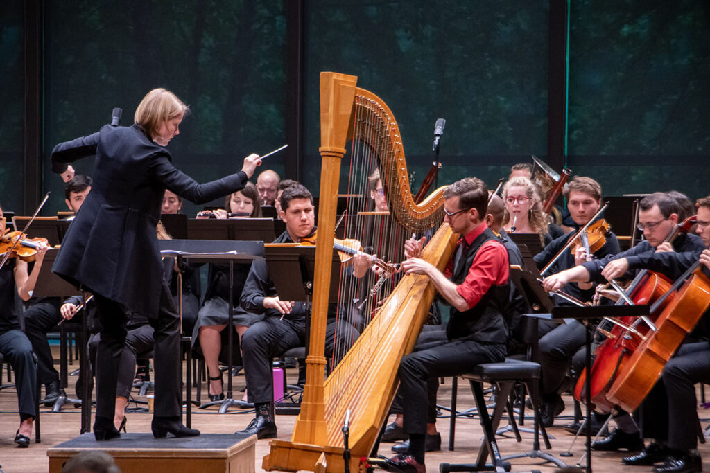 Harp player in the Mostly Modern Orchestra