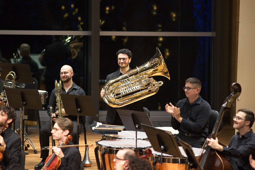 Tuba player in the Mostly Modern Orchestra